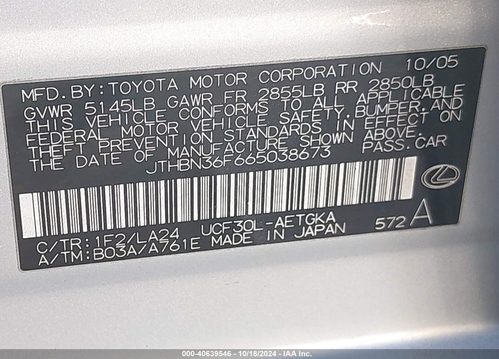 2006 LEXUS LS 430 VIN: JTHBN36F665038673
