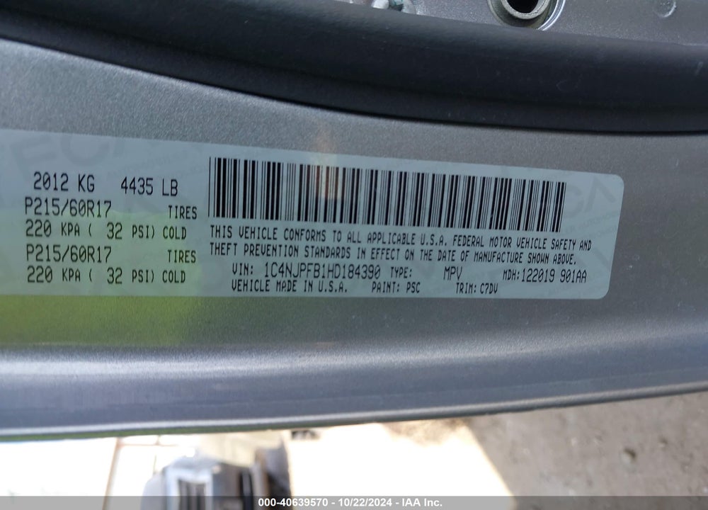 2017 JEEP PATRIOT LATITUDE FWD VIN: 1C4NJPFB1HD184390