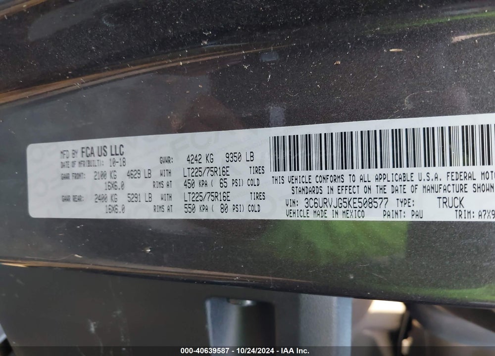 2019 RAM PROMASTER 3500 VIN: 3C6URVJG5KE508577