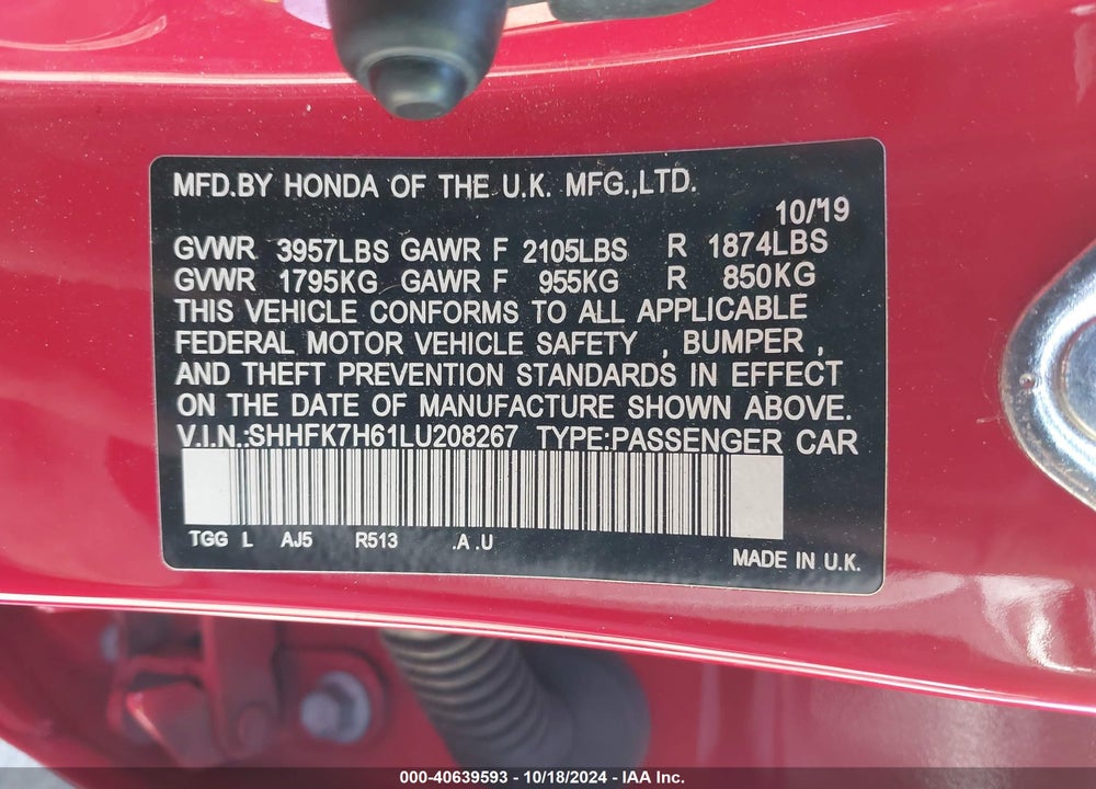 2020 HONDA CIVIC EX VIN: SHHFK7H61LU208267