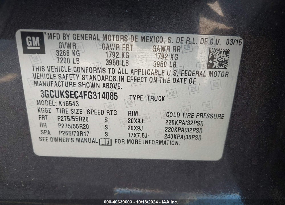 2015 CHEVROLET SILVERADO 1500 1LZ VIN: 3GCUKSEC4FG314085