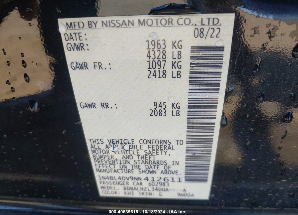 2022 NISSAN ALTIMA SV FWD VIN: 1N4BL4DV9NN412611