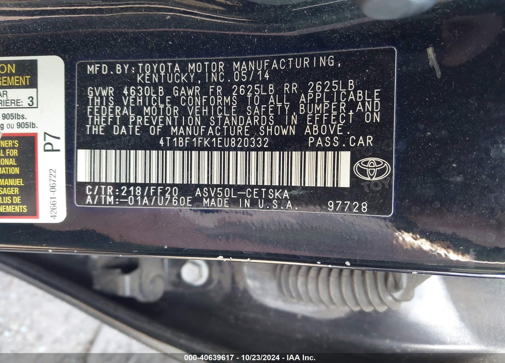 2014 TOYOTA CAMRY SE VIN: 4T1BF1FK1EU820332