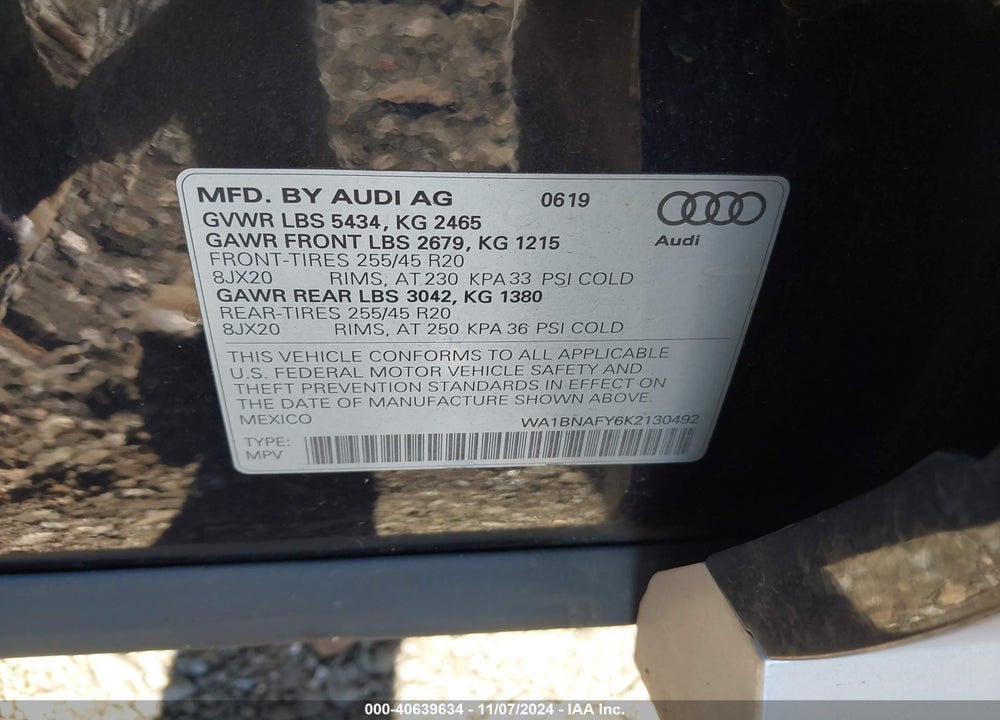2019 AUDI Q5 45 PREMIUM VIN: WA1BNAFY6K2130492
