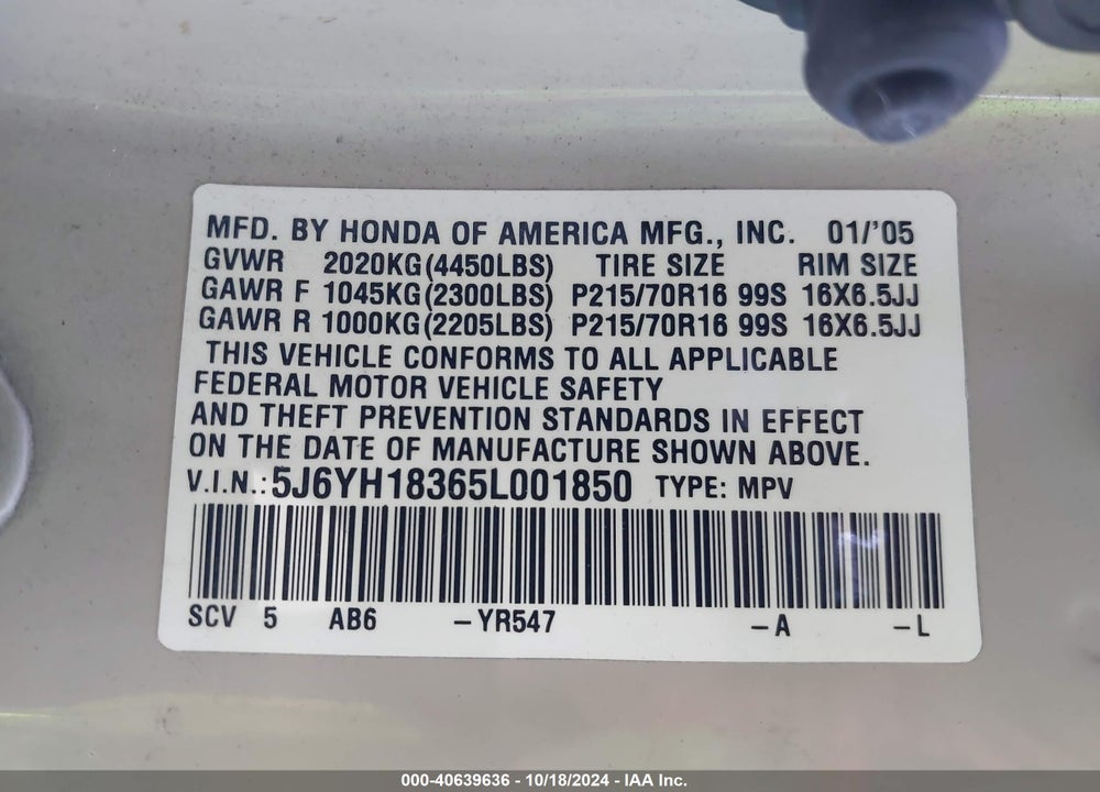 2005 HONDA ELEMENT LX VIN: 5J6YH18365L001850