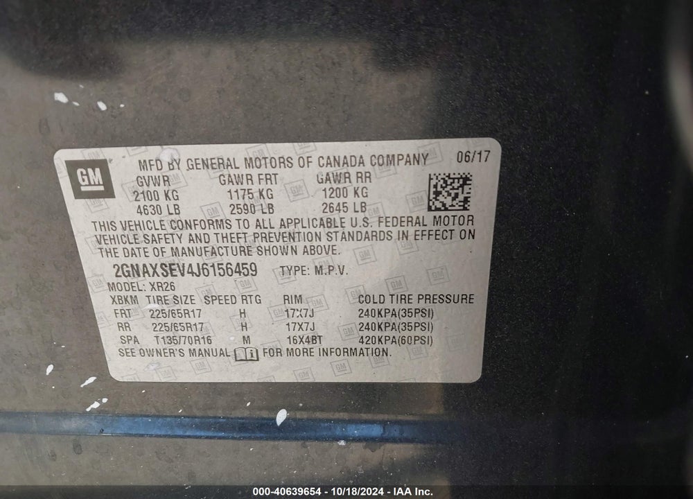 2018 CHEVROLET EQUINOX LT VIN: 2GNAXSEV4J6156459