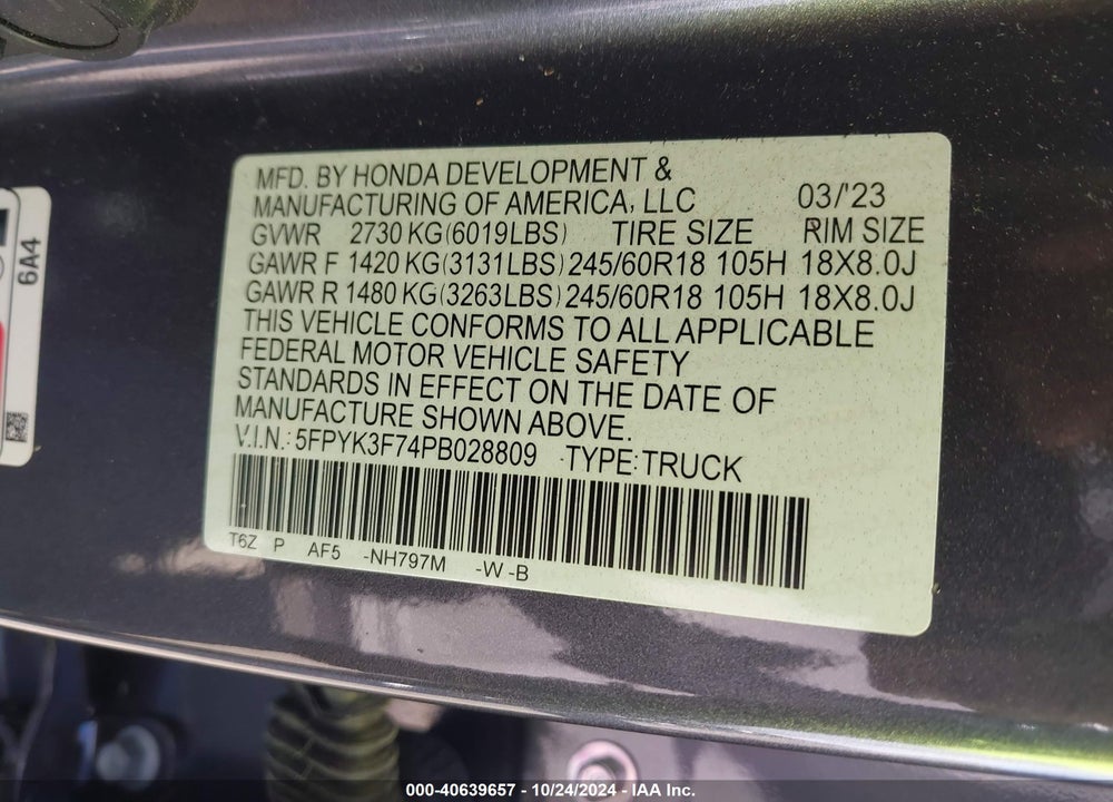2023 HONDA RIDGELINE VIN: 5FPYK3F74PB028809