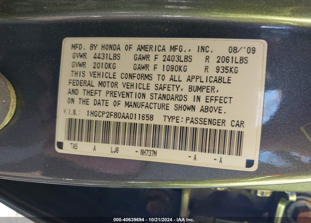 2010 HONDA ACCORD 2.4 EX-L VIN: 1HGCP2F80AA011658