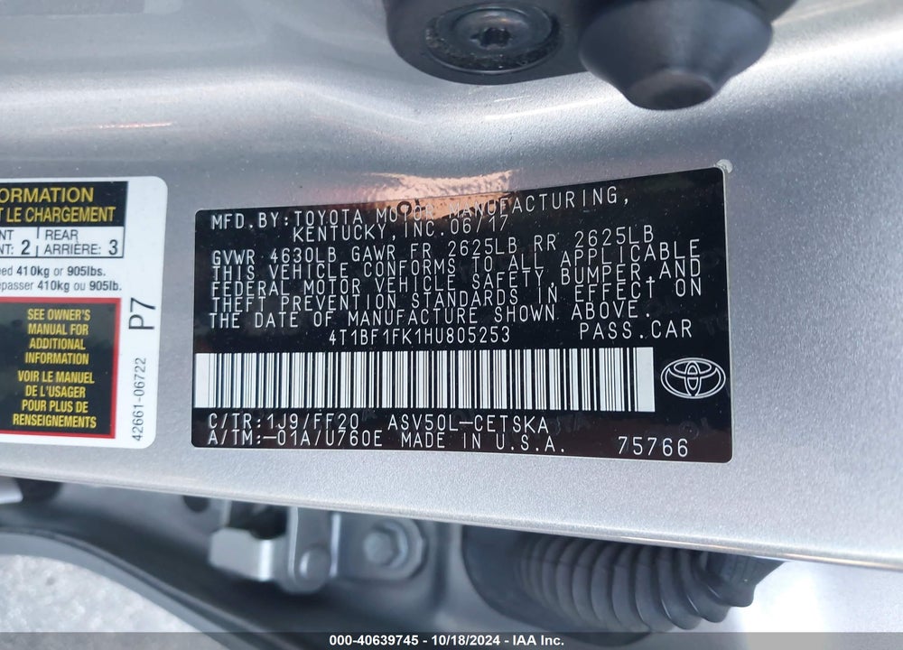 2017 TOYOTA CAMRY SE VIN: 4T1BF1FK1HU805253