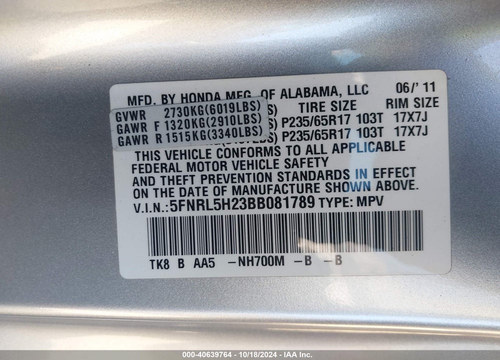2011 HONDA ODYSSEY LX VIN: 5FNRL5H23BB081789