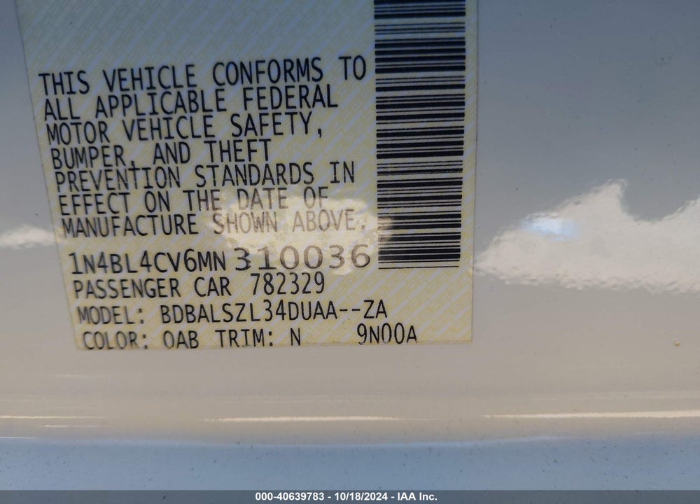 2021 NISSAN ALTIMA SR FWD VIN: 1N4BL4CV6MN310036