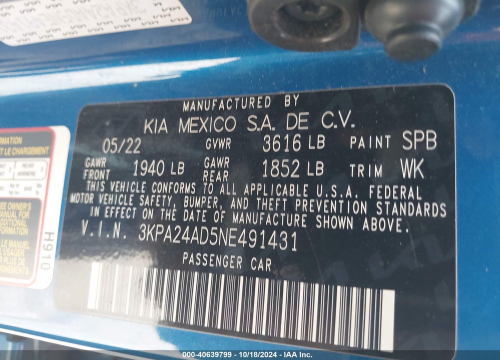 2022 KIA RIO S VIN: 3KPA24AD5NE491431