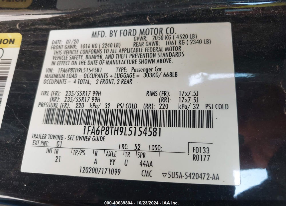 2020 FORD MUSTANG ECOBOOST FASTBACK VIN: 1FA6P8TH9L5154581