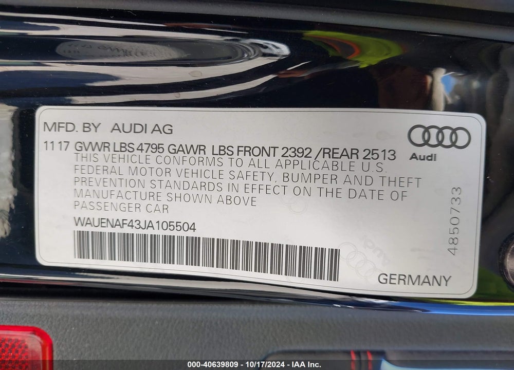 2018 AUDI A4 2.0T PREMIUM/2.0T TECH PREMIUM VIN: WAUENAF43JA105504