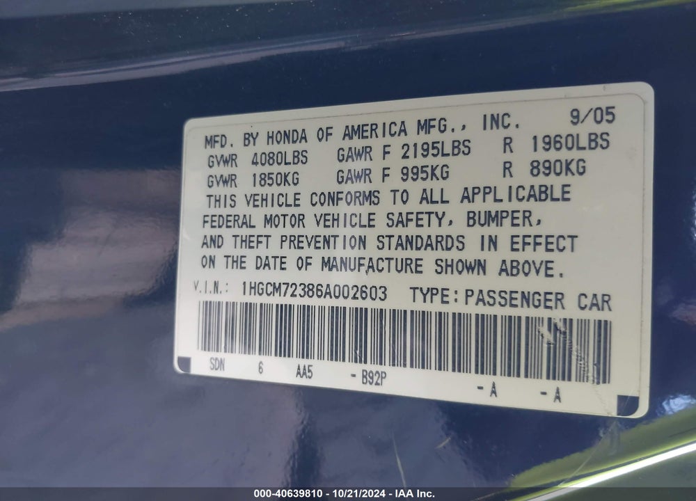 2006 HONDA ACCORD 2.4 LX VIN: 1HGCM72386A002603