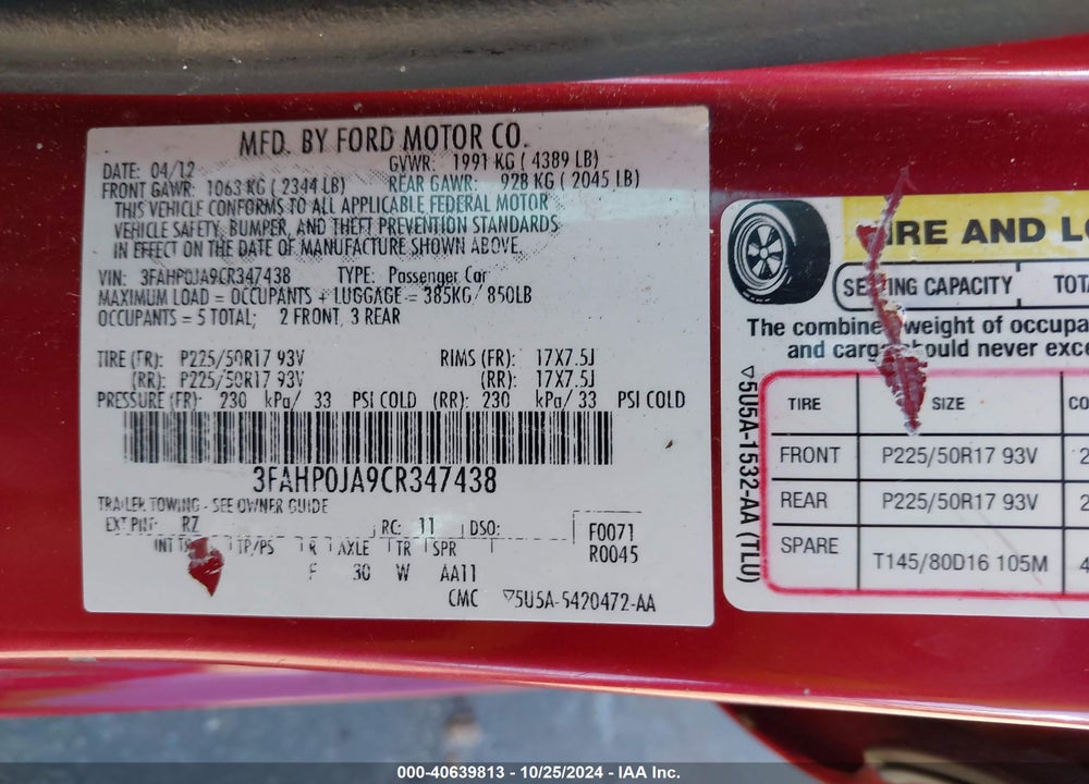 2012 FORD FUSION SEL VIN: 3FAHP0JA9CR347438