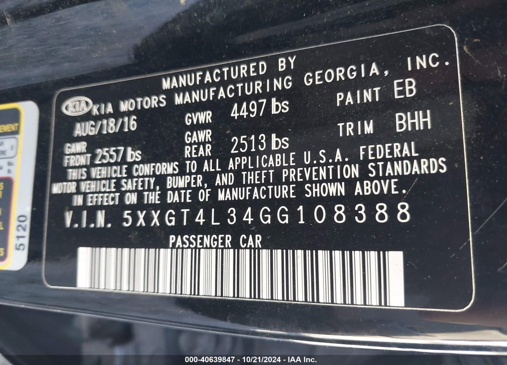 2016 KIA OPTIMA LX VIN: 5XXGT4L34GG108388