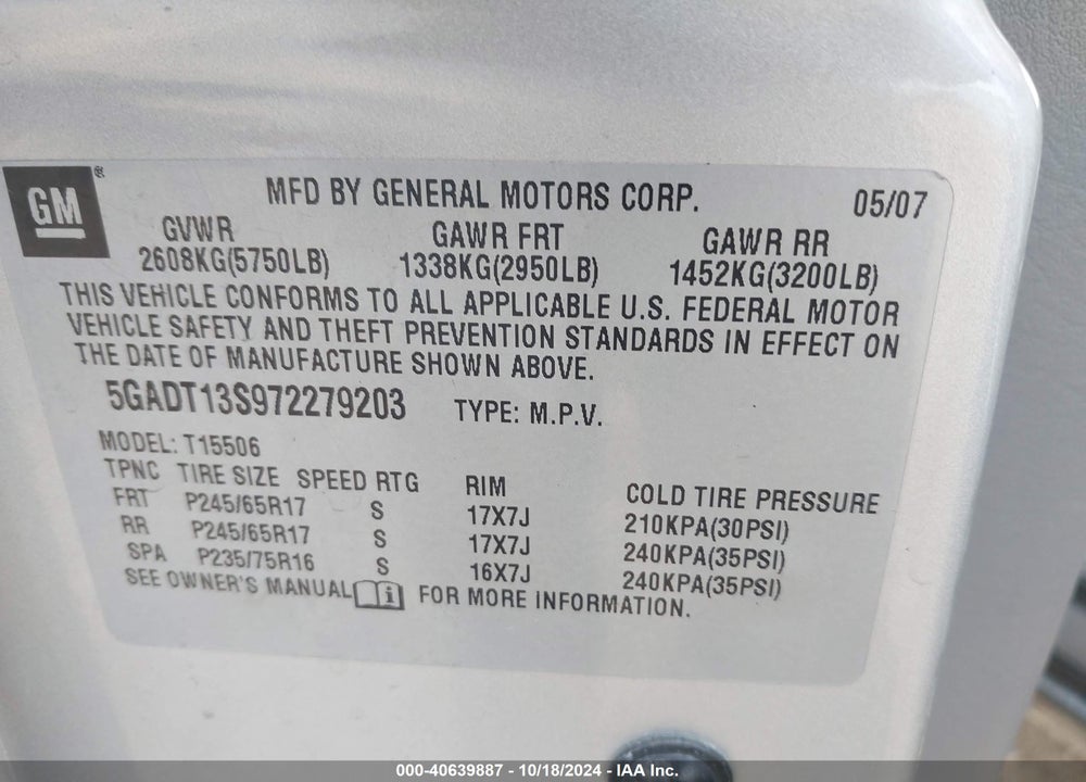 2007 BUICK RAINIER CXL VIN: 5GADT13S972279203