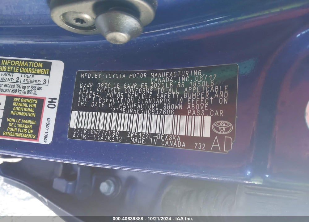 2017 TOYOTA COROLLA VIN: 2T1BURHE3HC937606