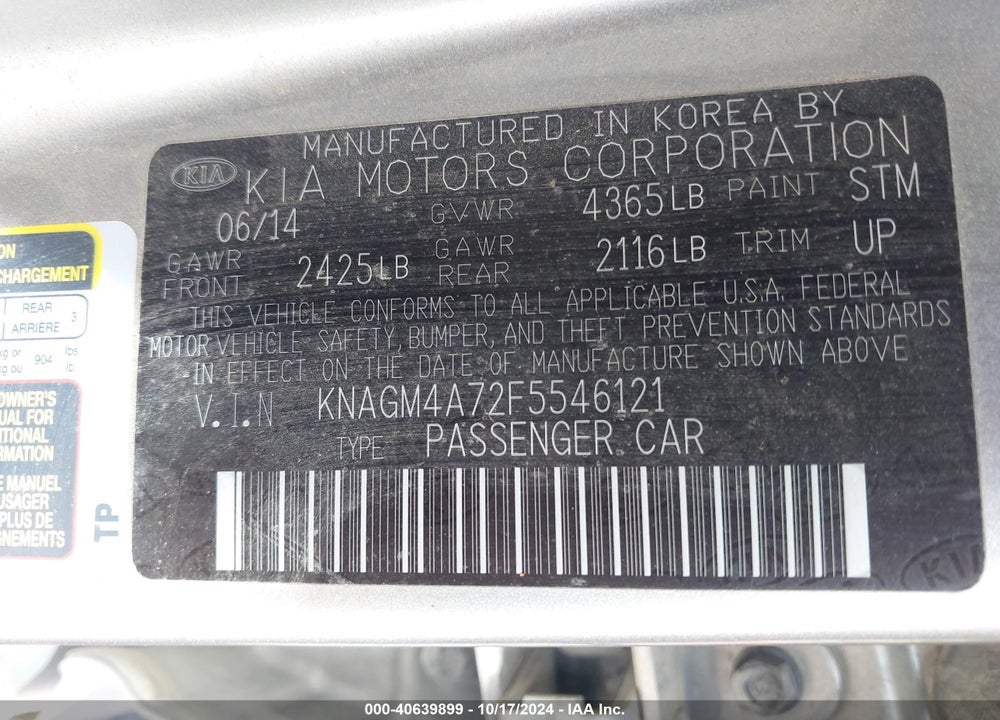 2015 KIA OPTIMA LX VIN: KNAGM4A72F5546121