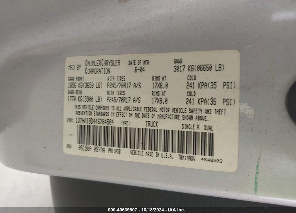 2004 DODGE RAM 1500 SLT/LARAMIE VIN: 1D7HA18D44S784504