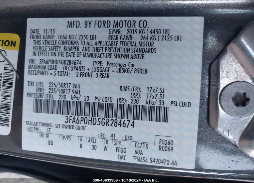 2016 FORD FUSION SE VIN: 3FA6P0HD5GR284674