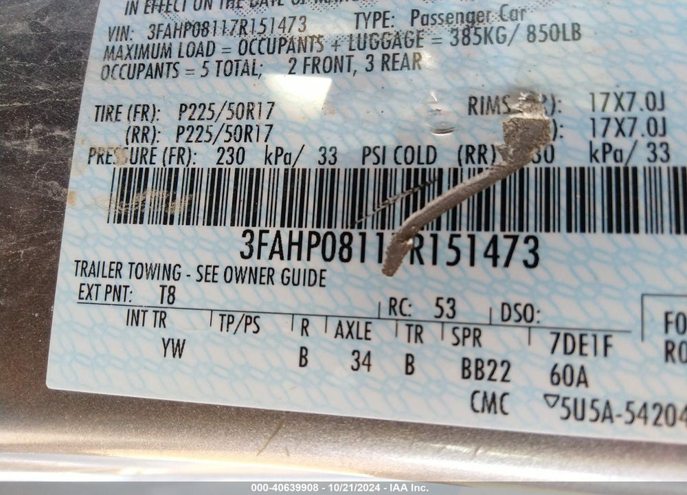 2007 FORD FUSION SEL VIN: 3FAHP08117R151473