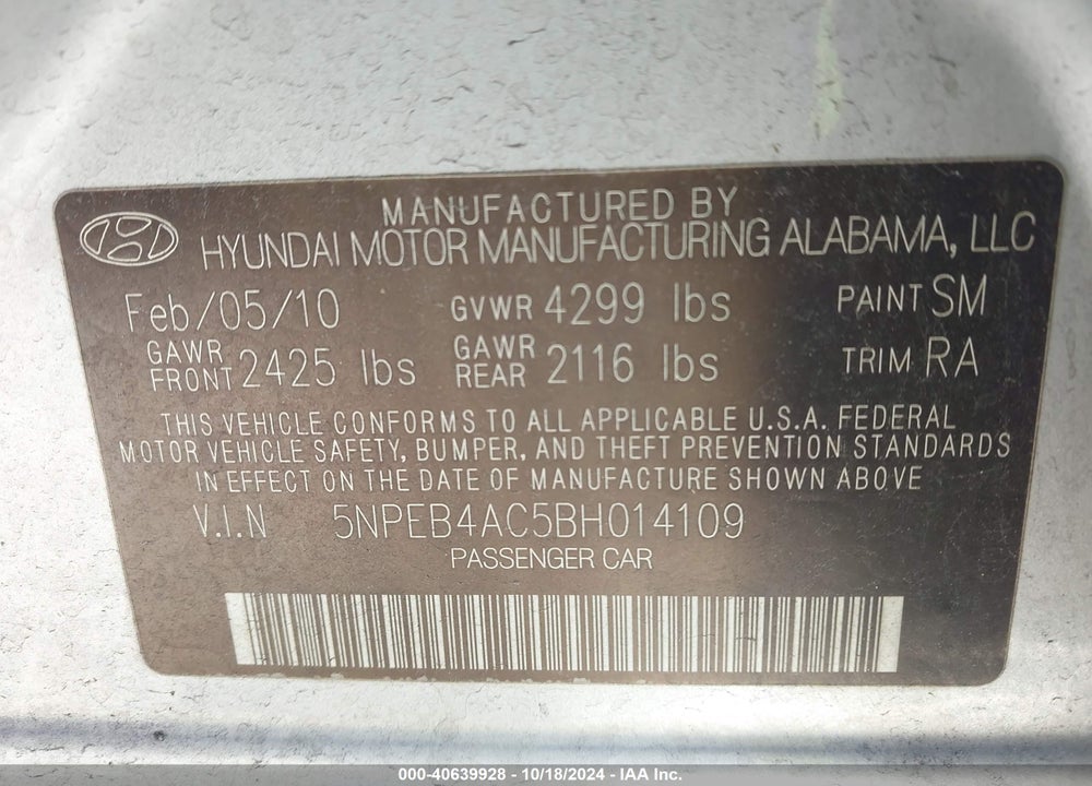 2011 HYUNDAI SONATA GLS VIN: 5NPEB4AC5BH014109