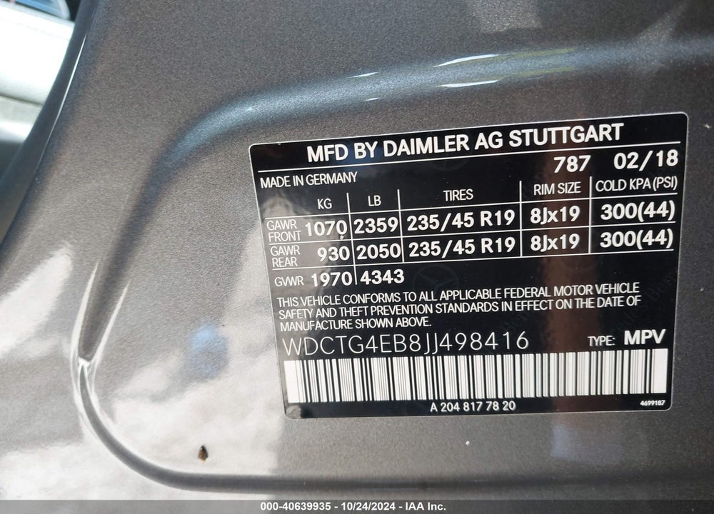 2018 MERCEDES-BENZ GLA 250 VIN: WDCTG4EB8JJ498416