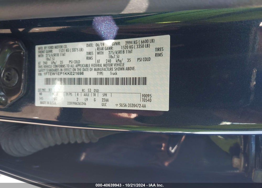 2019 FORD F150 VIN: 1FTEW1EP1KKE21698