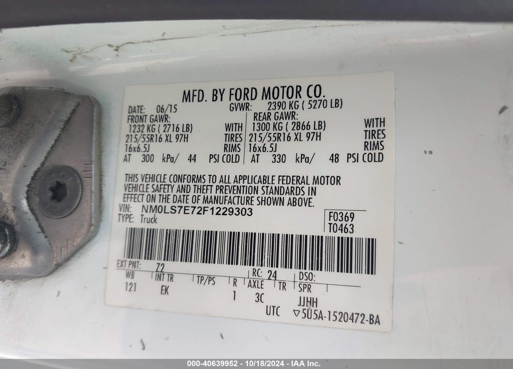 2015 FORD TRANSIT CONNECT XL VIN: NM0LS7E72F1229303