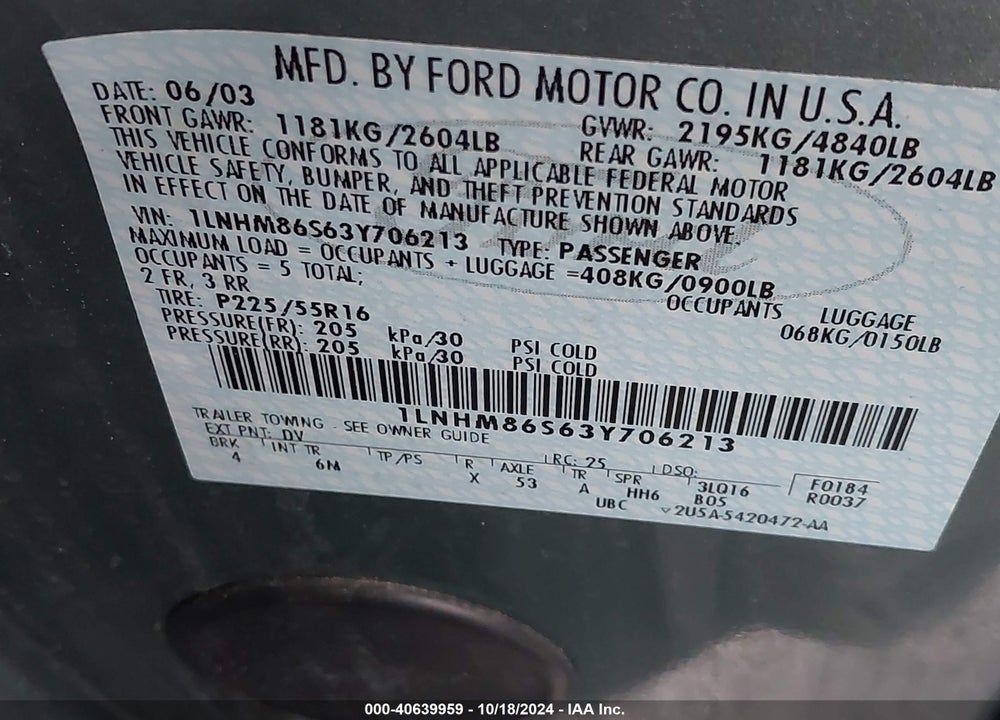 2003 LINCOLN LS V6 VIN: 1LNHM86S63Y706213