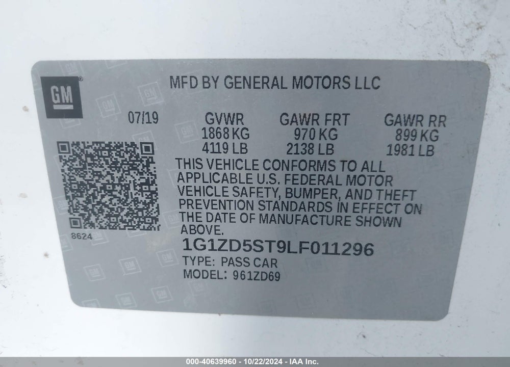 2020 CHEVROLET MALIBU FWD LT VIN: 1G1ZD5ST9LF011296
