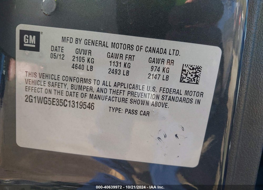 2012 CHEVROLET IMPALA LT VIN: 2G1WG5E35C1319546