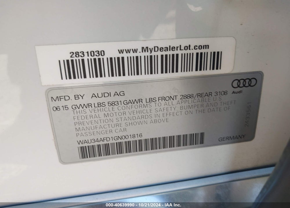 2016 AUDI A8 L 3.0T VIN: WAU34AFD1GN001816