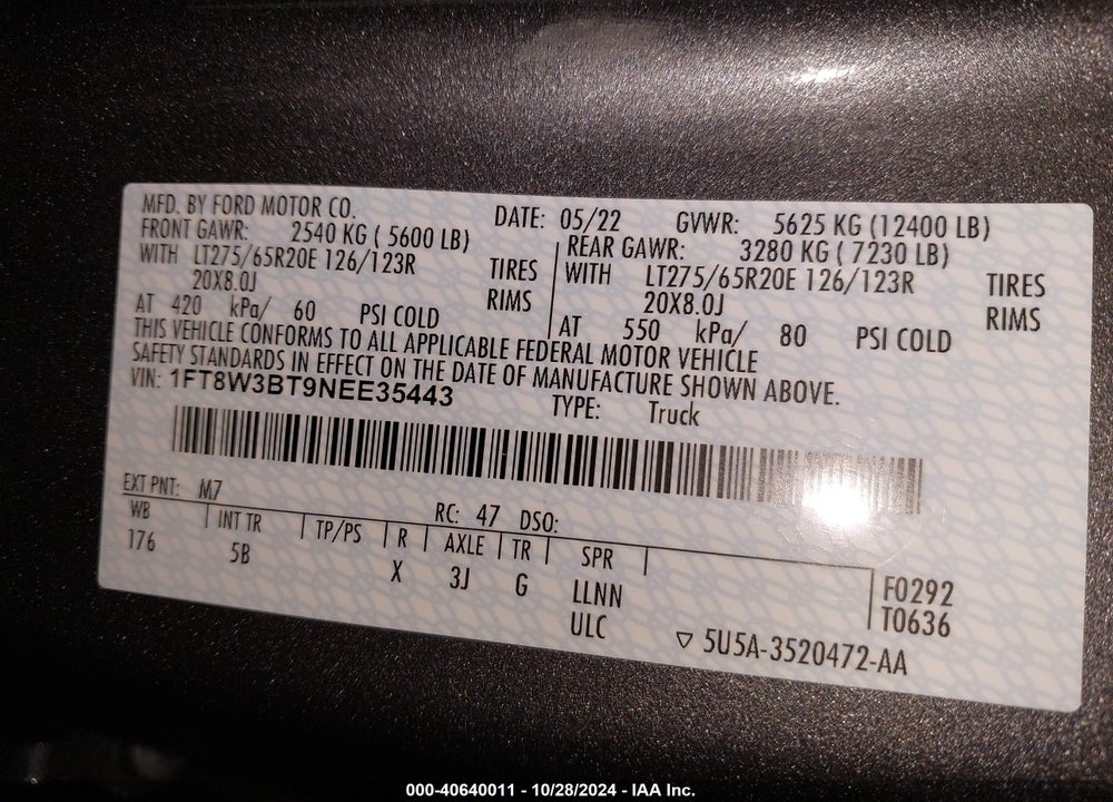 2022 FORD F-350 LARIAT VIN: 1FT8W3BT9NEE35443