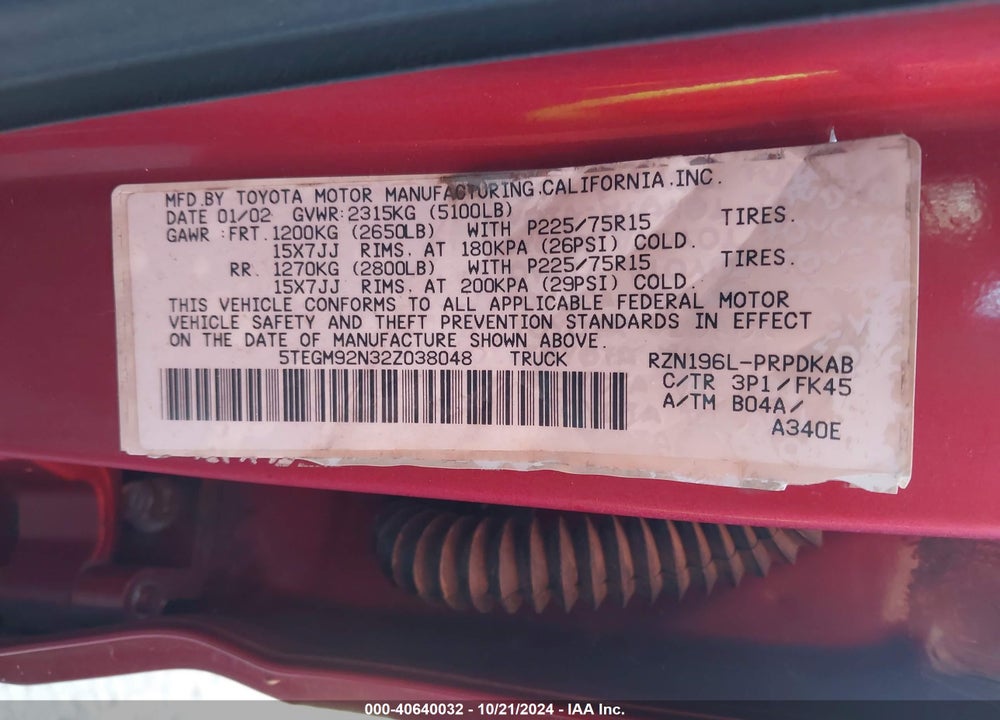 2002 TOYOTA TACOMA PRERUNNER VIN: 5TEGM92N32Z038048