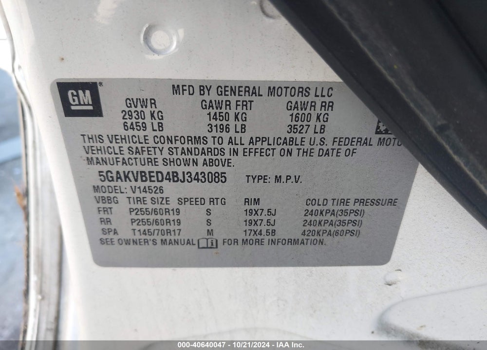 2011 BUICK ENCLAVE 1XL VIN: 5GAKVBED4BJ343085