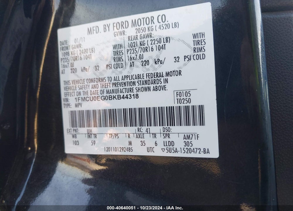 2011 FORD ESCAPE LIMITED VIN: 1FMCU0EG0BKB44318