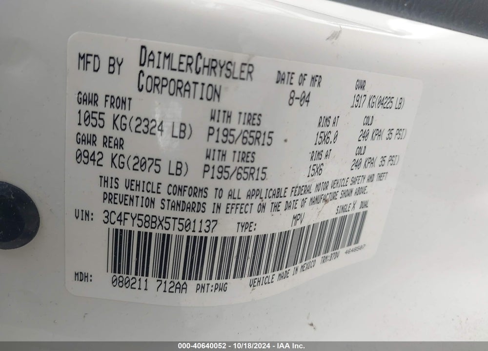 2005 CHRYSLER PT CRUISER TOURING VIN: 3C4FY58BX5T501137