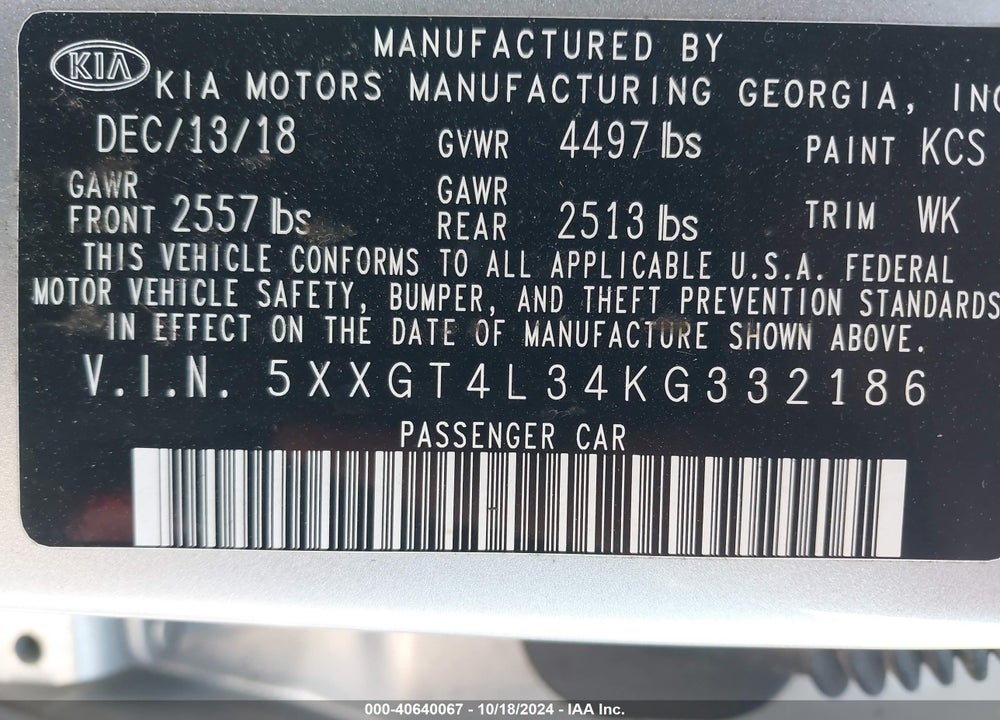 2019 KIA OPTIMA LX VIN: 5XXGT4L34KG332186