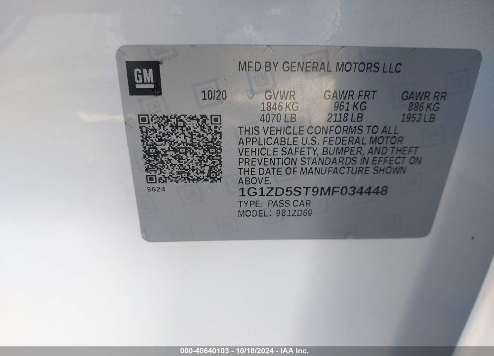 2021 CHEVROLET MALIBU FWD LT VIN: 1G1ZD5ST9MF034448