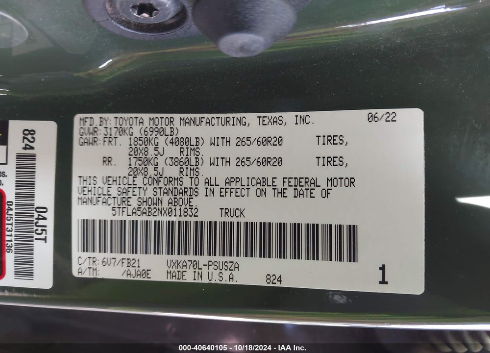 2022 TOYOTA TUNDRA SR5 VIN: 5TFLA5AB2NX011832