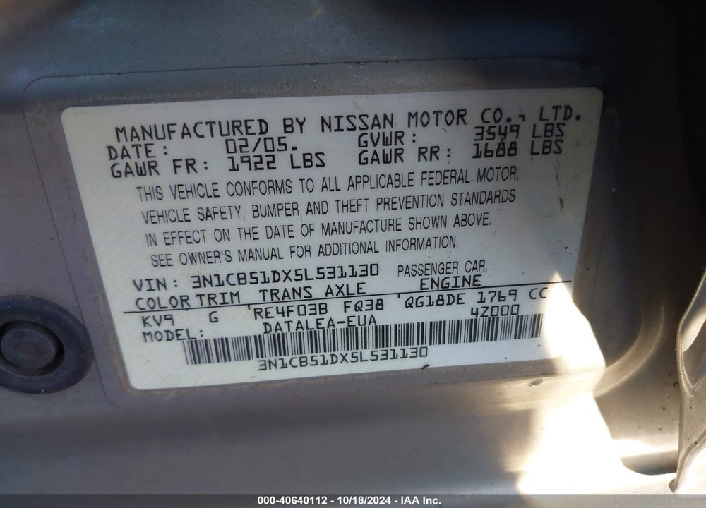 2005 NISSAN SENTRA 1.8S VIN: 3N1CB51DX5L531130