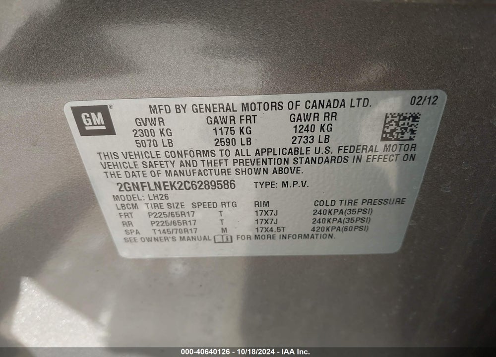 2012 CHEVROLET EQUINOX 2LT VIN: 2GNFLNEK2C6289586