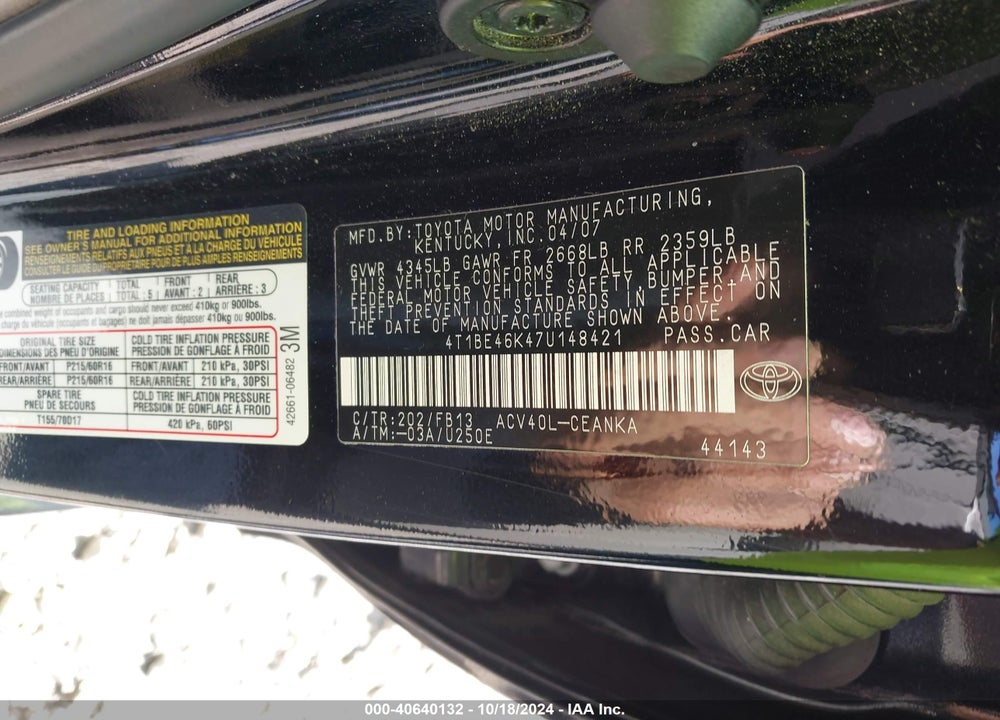 2007 TOYOTA CAMRY LE VIN: 4T1BE46K47U148421