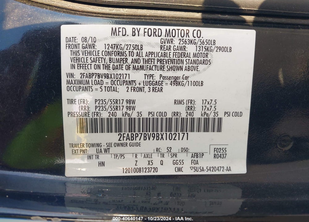 2011 FORD CROWN VICTORIA POLICE INTERCEPTOR VIN: 2FABP7BV9BX102171