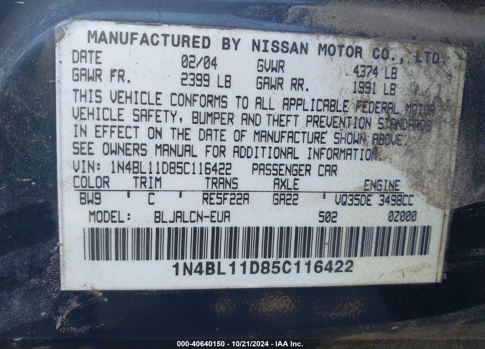 2005 NISSAN ALTIMA 3.5 SE VIN: 1N4BL11D85C116422