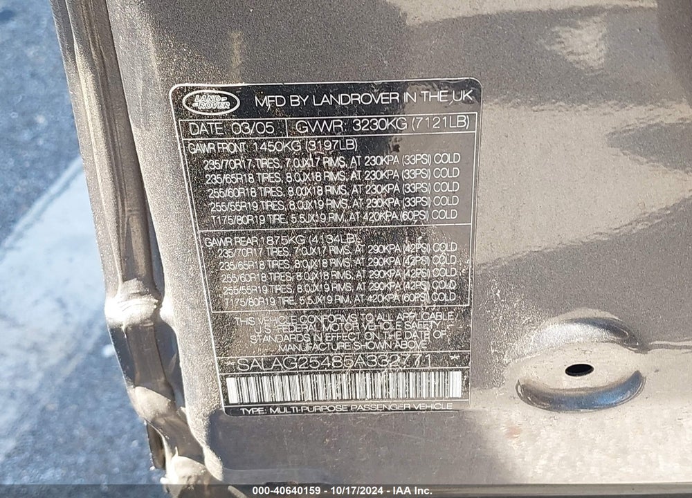2005 LAND ROVER LR3 HSE VIN: SALAG25485A332771