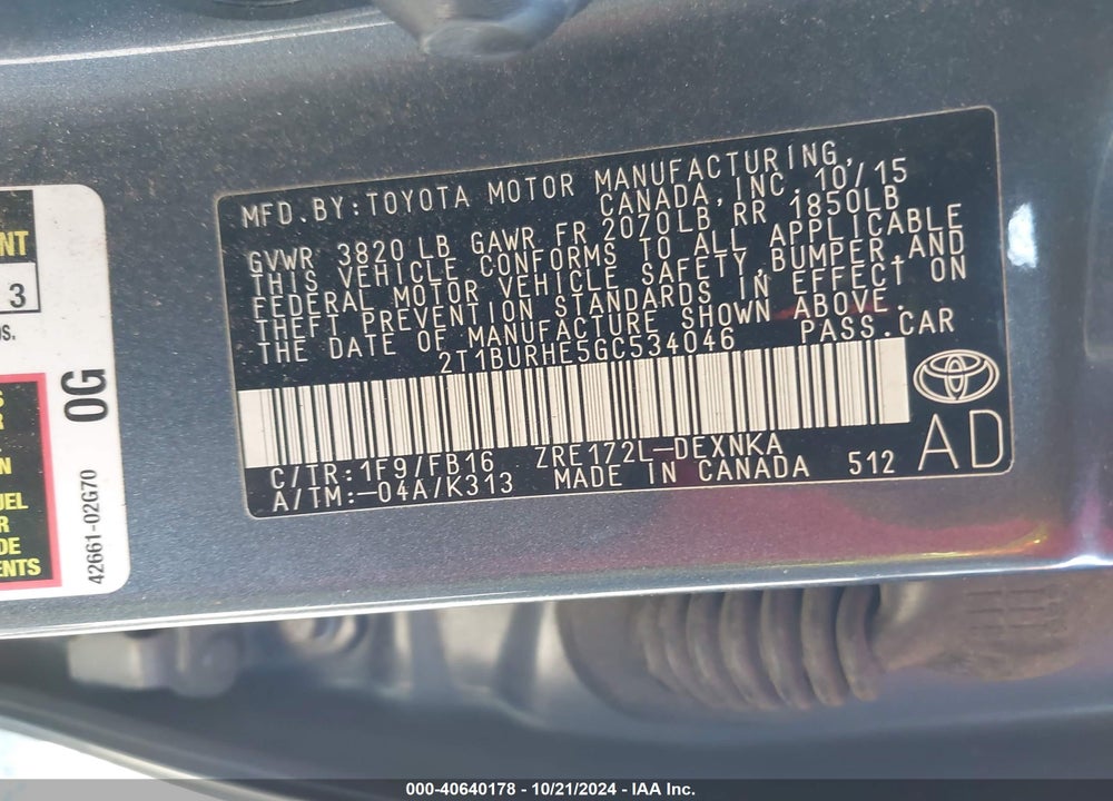 2016 TOYOTA COROLLA LE VIN: 2T1BURHE5GC534046
